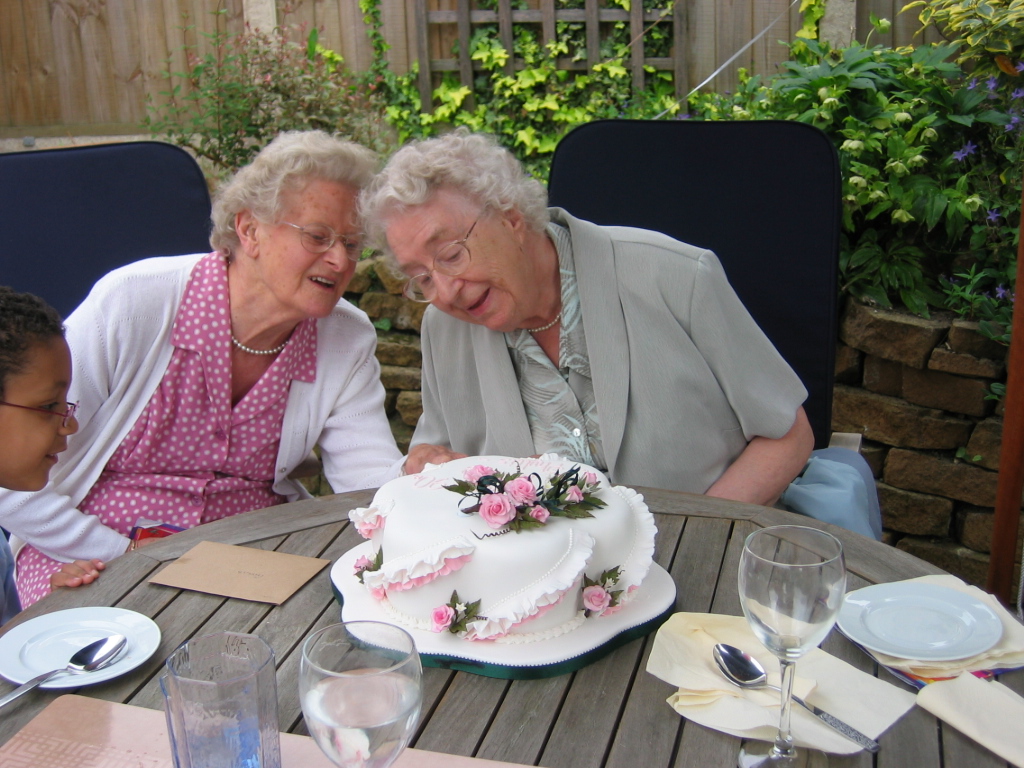 Muriel Dutton & Phyllis Berrett - inspecting Phyllyis birthday cake
